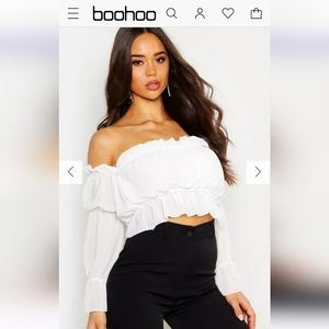 BOOHOO, SLEEVE RUCHEF OFF THE SHOULDER TOP